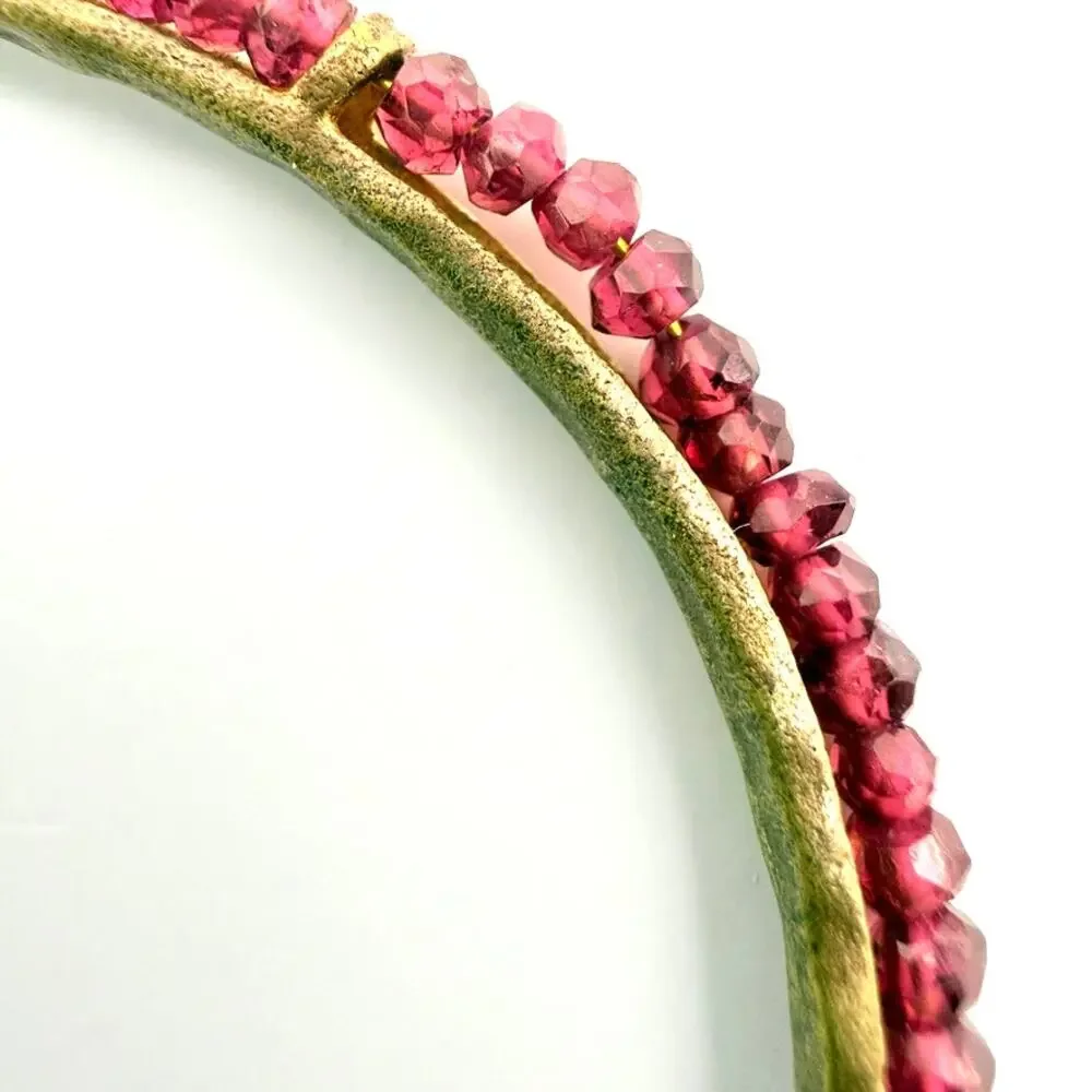 Handmade Vtg Brass Faceted Garnet Bead Cuff Bracelet Ethnic Tribal Festival Boho